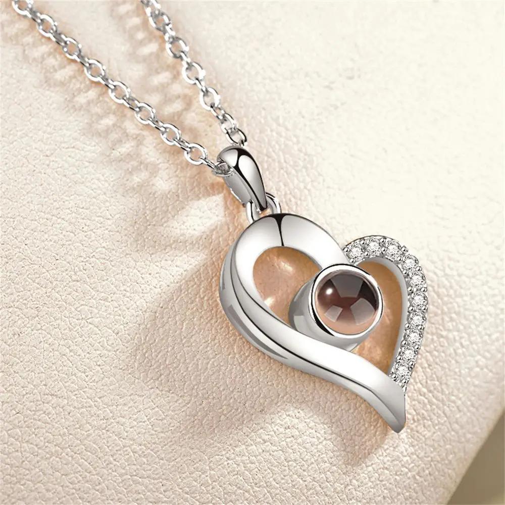 1PC Fashion Love Heart Letter Crystal Necklace 100 Languages I Love You Projection Pendant Necklace Women Jewelry Friends Gifts