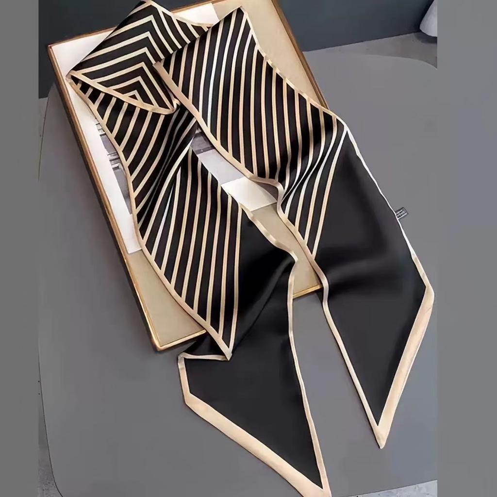 Thin and Narrow Long Silk Scarf Imitation Silk Versatile Decorative Scarf Fashionable Pointed Corner Headband Strap Streamer Striped Silk Scarf