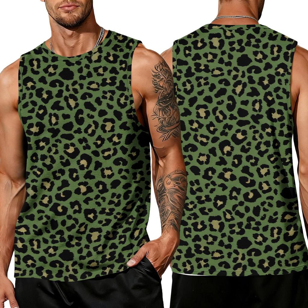 Men's Casual Sleeveless Tank Top Leopard Print Athletic Breathable Lightweight Muscle Shirt for Sports Gym Training