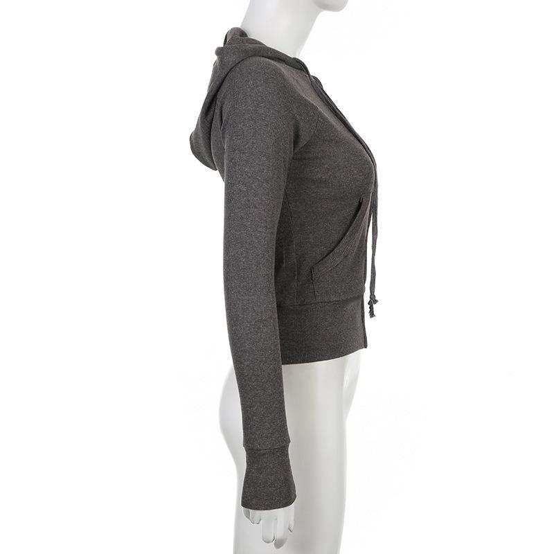 Gray Street Style Zip Up Hooded Sweatshirt Slim Fit Women S Casual Top