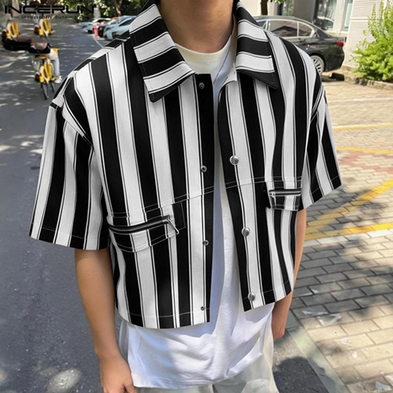 INCERUN S-5XL Men Lapel Neck Short Sleeve Striped Print Casual Oversized Cropped Tops Shirts
