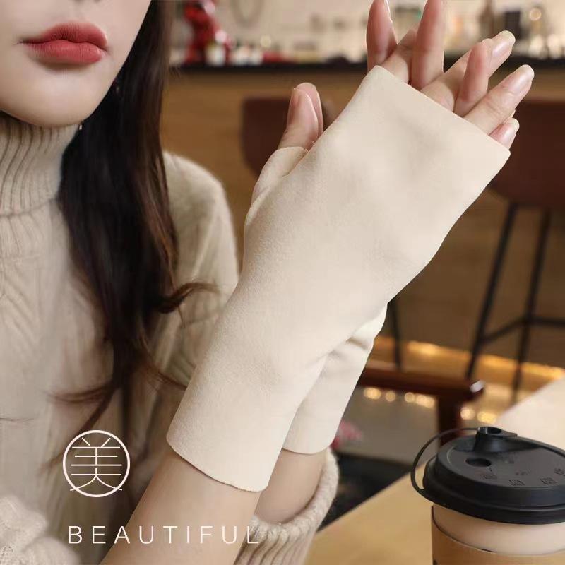 German Velvet Half Finger Touch Screen Plus Velvet Gloves Autumn and Winter Warm Gloves for Women's Warm Wrist Protection Finger Revet Gloves