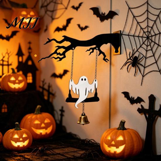 Gothic Home Accents Halloween Ghost Swing Bat WELCOME Wind Chime, Bell Door Decoration with Vintage Copper Dead Tree Silhouette Bells, Rustic