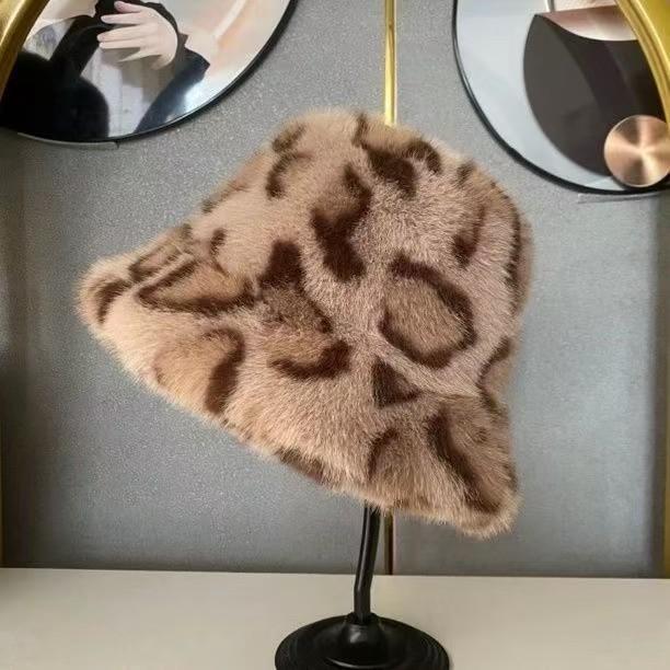 Pălării de iarnă versatile și elegante pentru femei - Pălărie de pescar călduroasă din blană de nurcă falsă cu imprimeu leopard