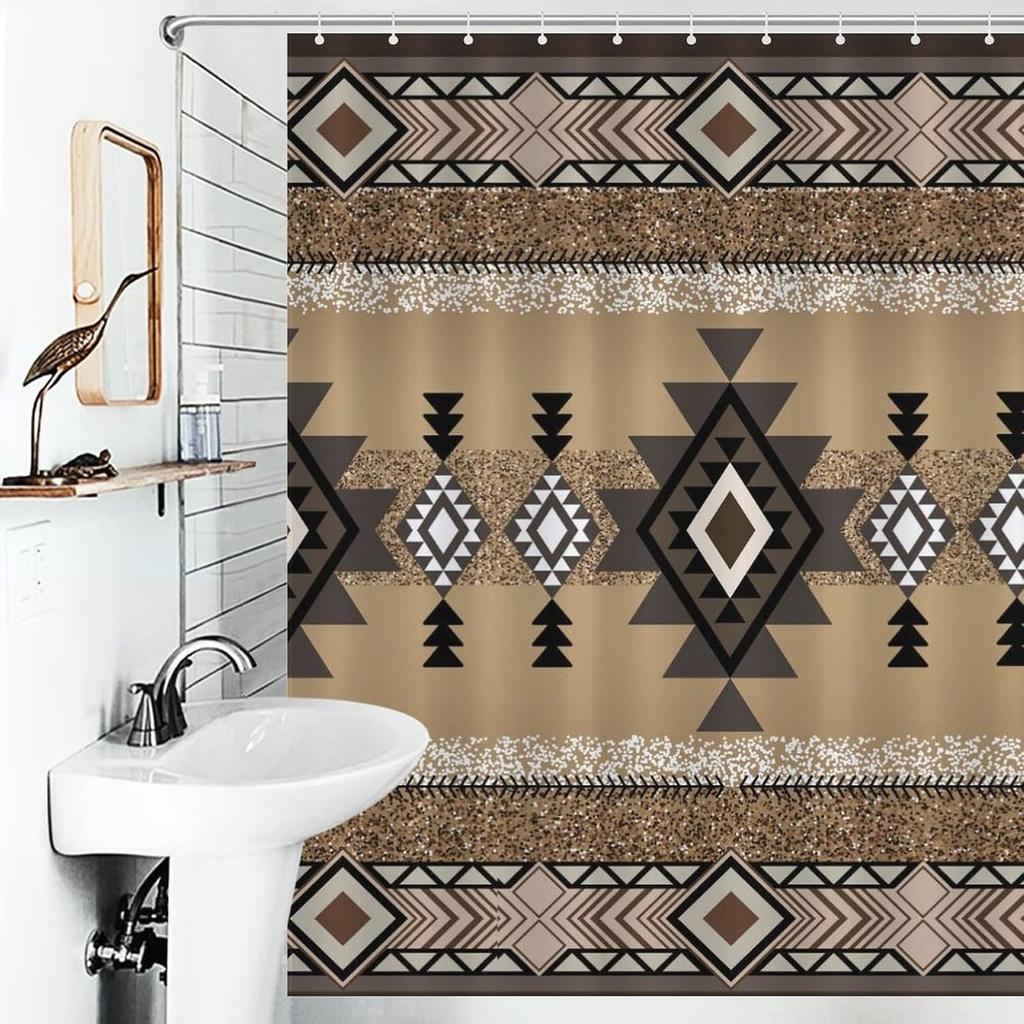 Southwestern Natvie Tribal American Ethnic Western Abstract Geometric Vintage Brown Waterproof Fabric Bathroom Shower Curtain