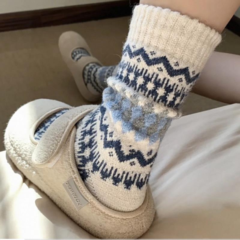 Nordic Fair Isle Wool Slouch Socks - Warm, Retro Ethnic, Extra Thick, Long Winter Style