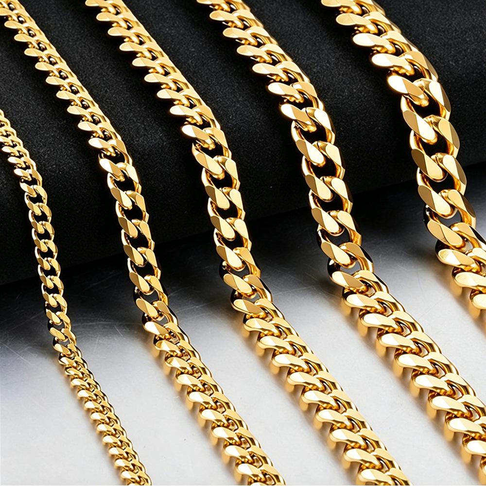 Men's Gold, Silver, and Black Stainless Steel Polished Cuban Chain Necklace - European & American Hip Hop Trend (Titanium Steel)