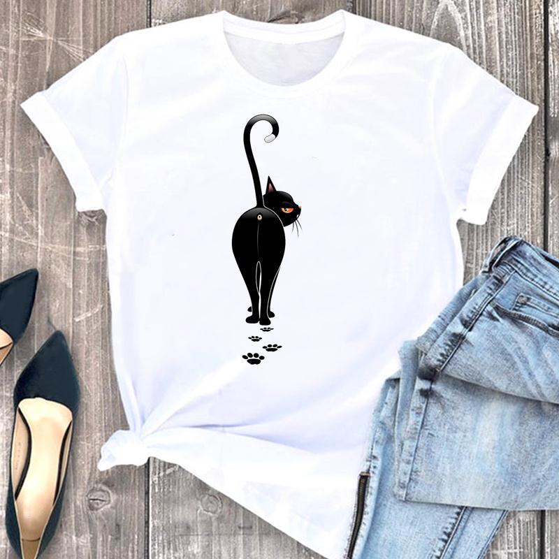 Casual Cats Blackjack Graphics Womans T-Shirt 90S Summer Shirts Short Sleeve O-Neck Blouses Female Crop Tops Clothing