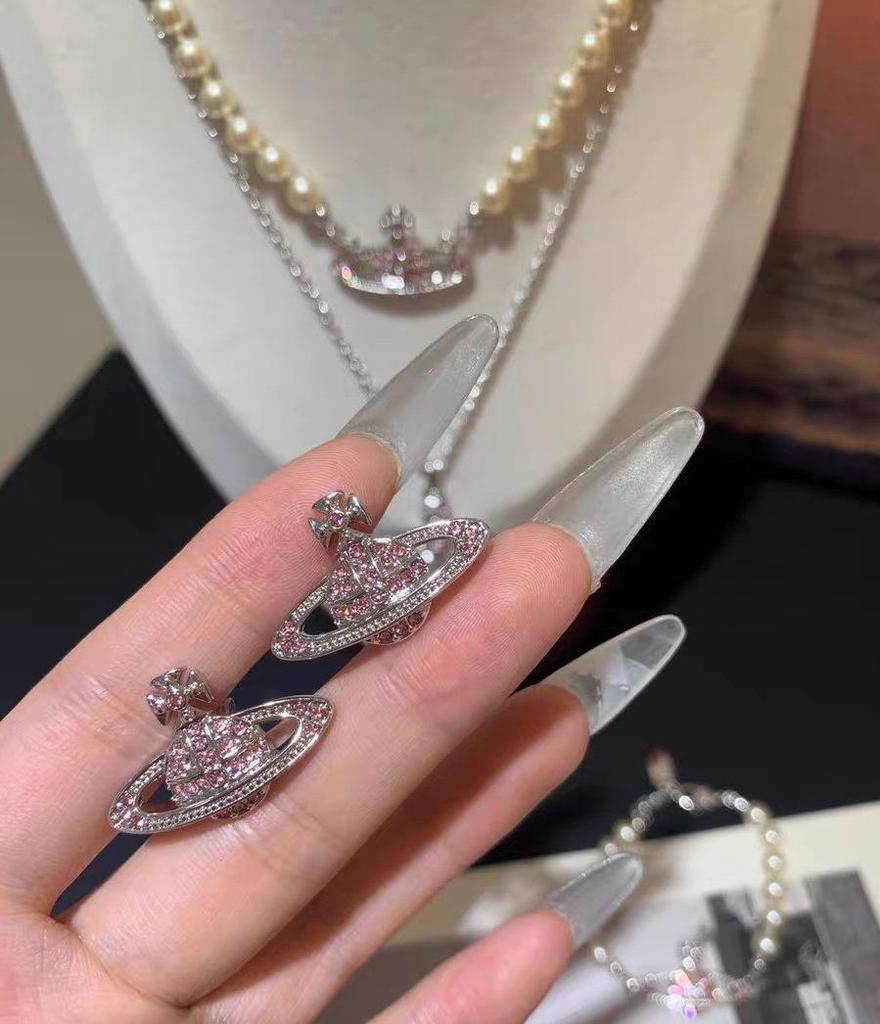 Classic Saturn Stud Earrings: Westwood-Style Full Diamond Planet Design