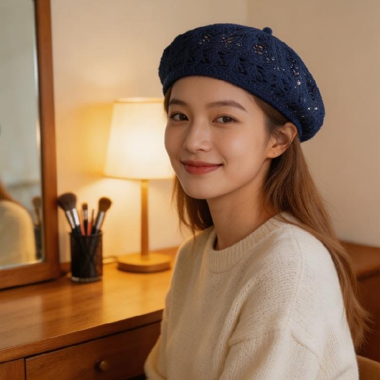Breathable Hollow Knit Beret Hat Classical French Design Suitable For Most Head Sizes