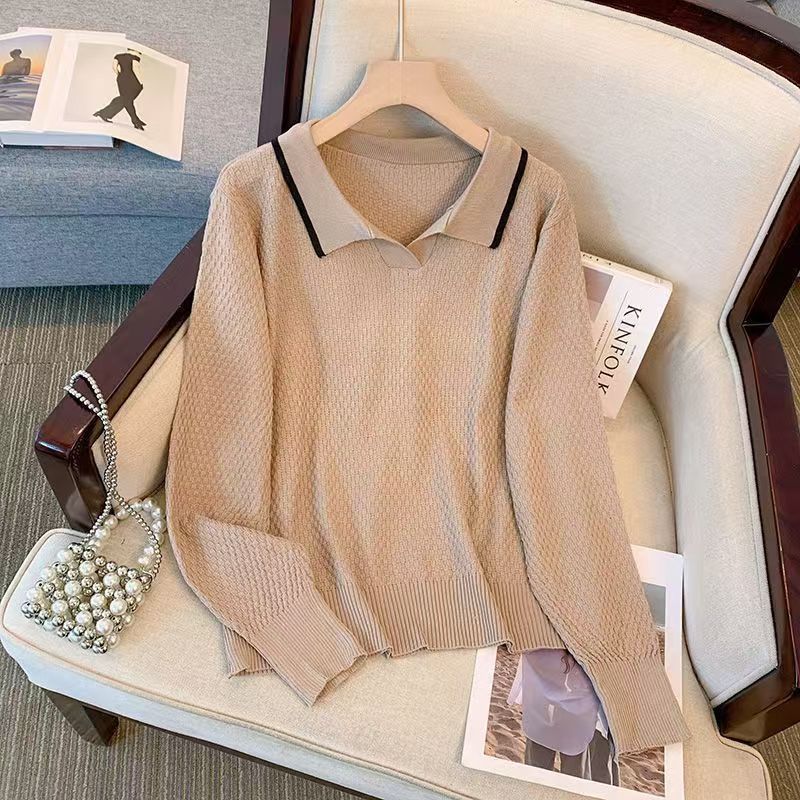 Women's Knitted Sweater Spring/Autumn/Winter Loose Flip Collar Western Style Knitted Sweater Top Mom