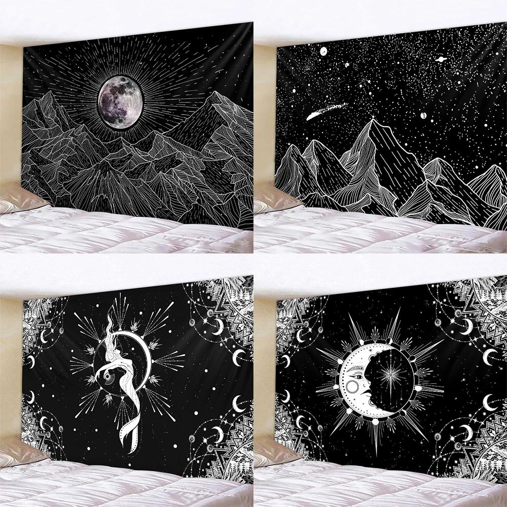 Black and White Moon Mandala Tapestry Bohemian Decoration Wall Hanging Bedroom Psychedelic Scene Starlight Art Home