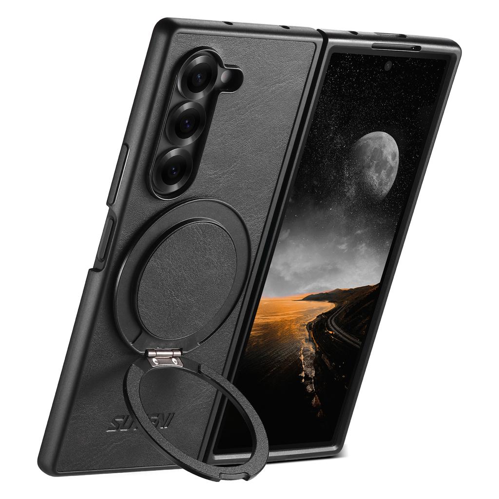 SUTENI G3 For Samsung Galaxy Z Fold7 5G Case Compatible with MagSafe Waxy Texture Rotating Kickstand Leather Phone Back Cover