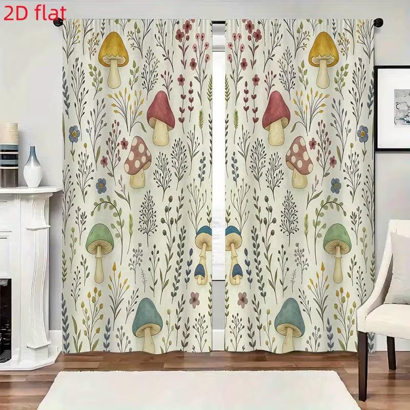 2 Pcs Mushrooms, Grass Print Curtains,suitable for Bedroom,living Room Kitchen Decoration,home Decoration,window Decoration