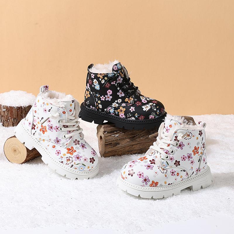 New Winter Children Snow Boots Leather Flower Warm Plush Toddler Kids Shoes Non-slip Fashion Girls Boots EU 23-31