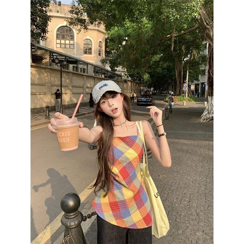 Sweet Spice Color Plaid Suspender Vest Women's Summer Irregular Waist Top