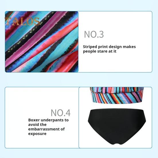 2Pcs/Set Women Swimsuit Set Bandeau Sleeveless Striped Print Swimming Tops High Waist Swimming Trunks Set Beachwear