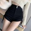 Schwarze Damen-Shorts in Übergröße mit Falten und Kordelzug – Koreanischer Stil, süß & würzig, figurbetont, elastisch, figurformend
