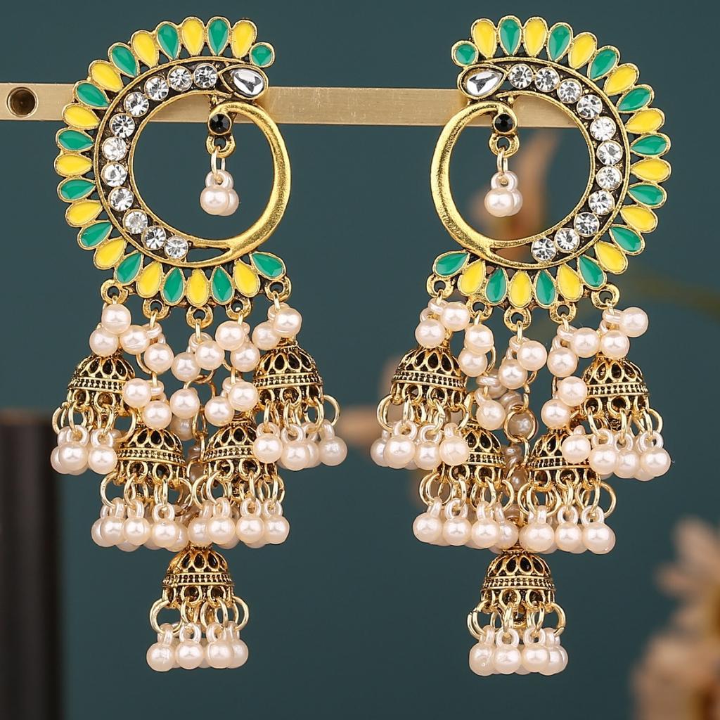 Ethnic Style Peacock Painted Pearl Bell Earrings Unique Design Vintage Rhinestone Tassel Earrings for Women, Long Style