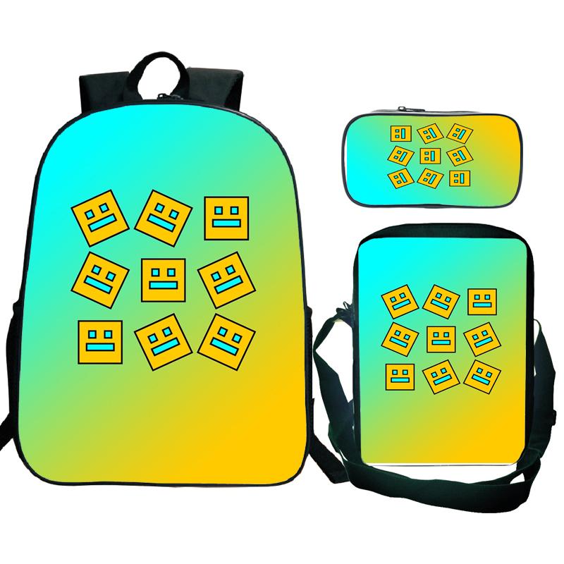 Angry Geometry Dash Backpack 3pcs School Bag Waterproof Student Girls Boys Children Mochila with Pen Bag