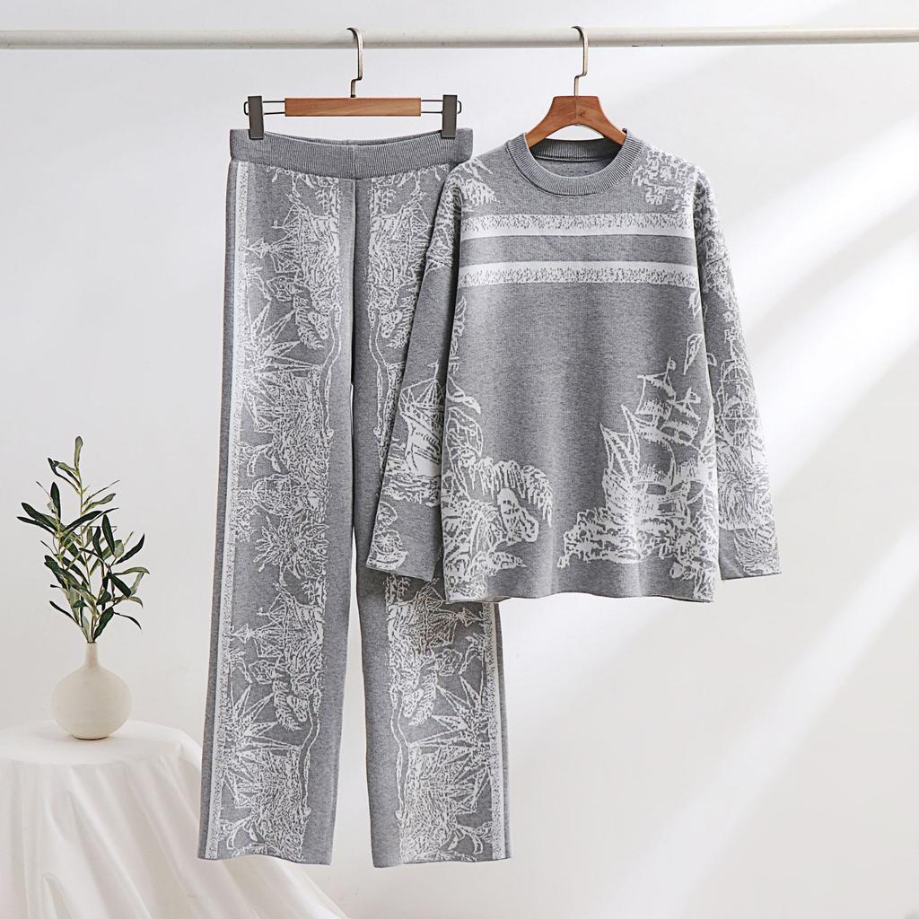 Autumn Winter Jacquard Vintage Knitting Two Pieces Suits Women Long Sleeve O-Neck Sweater and Wide Leg Pants Warm Loose 2pcs Sets
