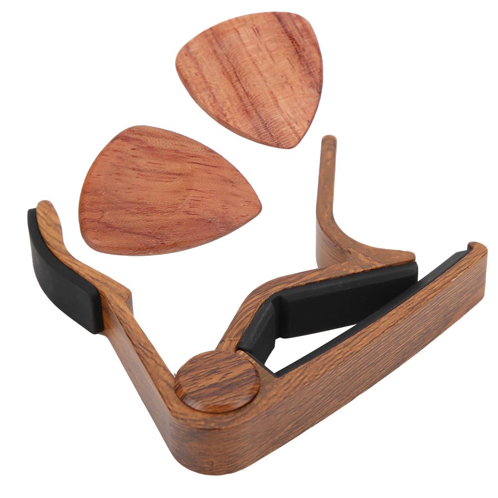 Acoustic Guitar Capo Solid Wood Silica Gel Clamp Ergonomics with 2 Picks for Bass Ukulele Violin