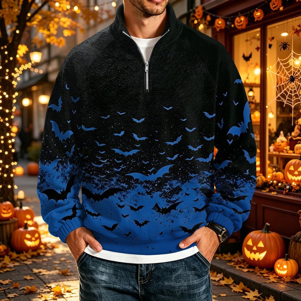 Men's Halloween Print Raglan Sweatshirt Loose Fit Stand Collar Casual Top