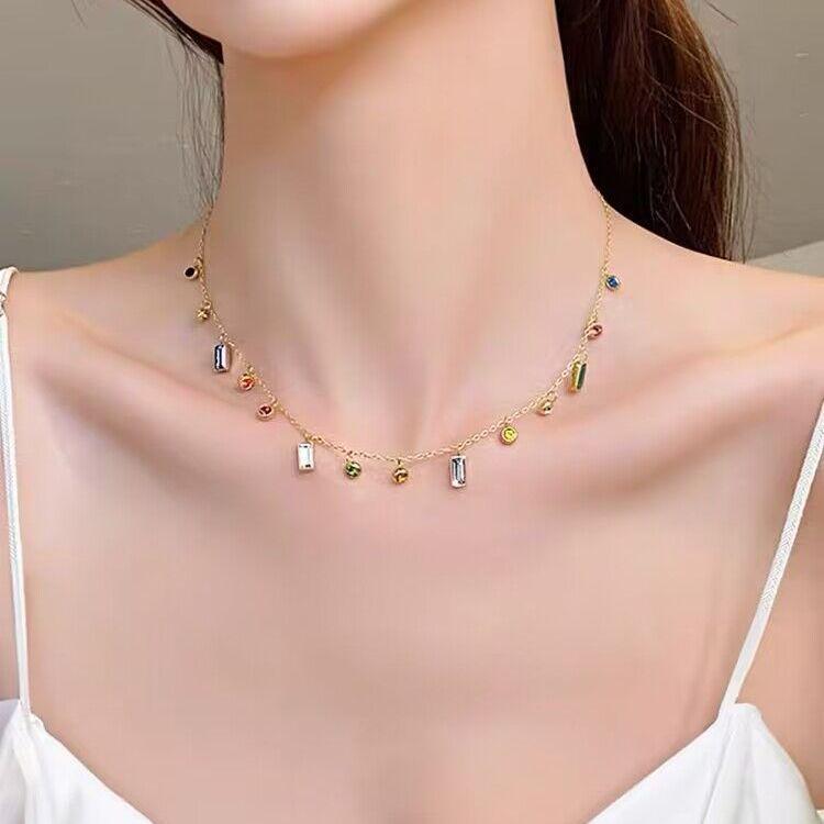 High-End Colorful Zircon Dopamine Necklace: Women's Titanium Steel European & American Style Clavicle Chain, Niche Design, Unique Personality.