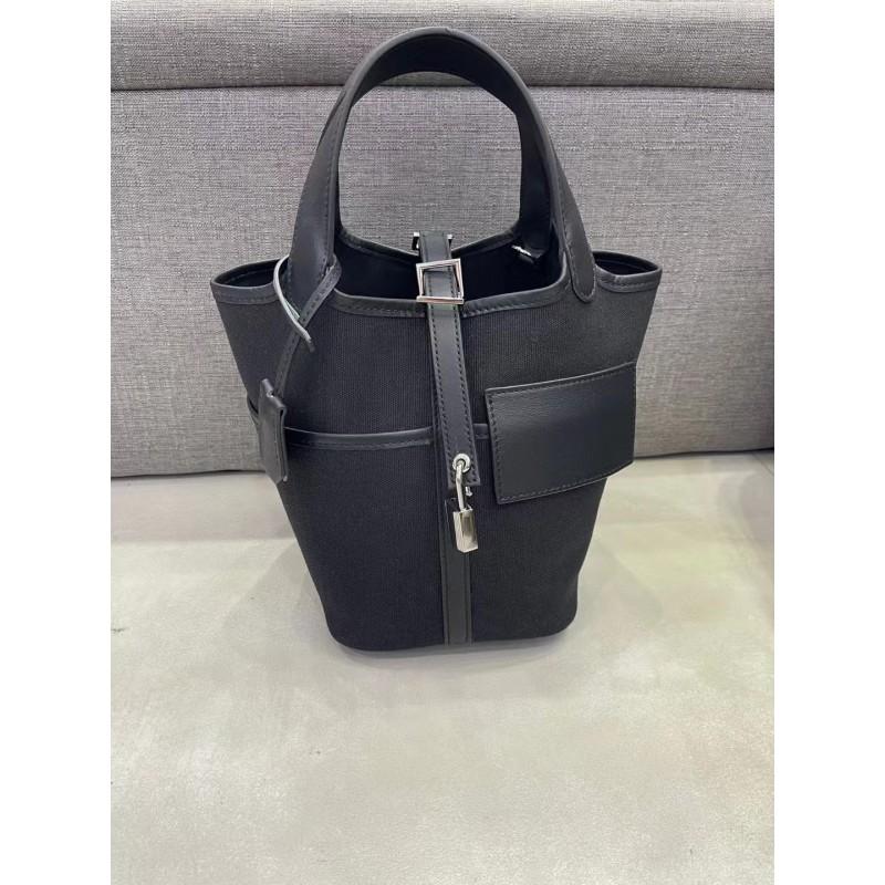 Chic Versatile Bucket Tote Bag Canvas Swift Leather Blend Single Shoulder Handbag Women
