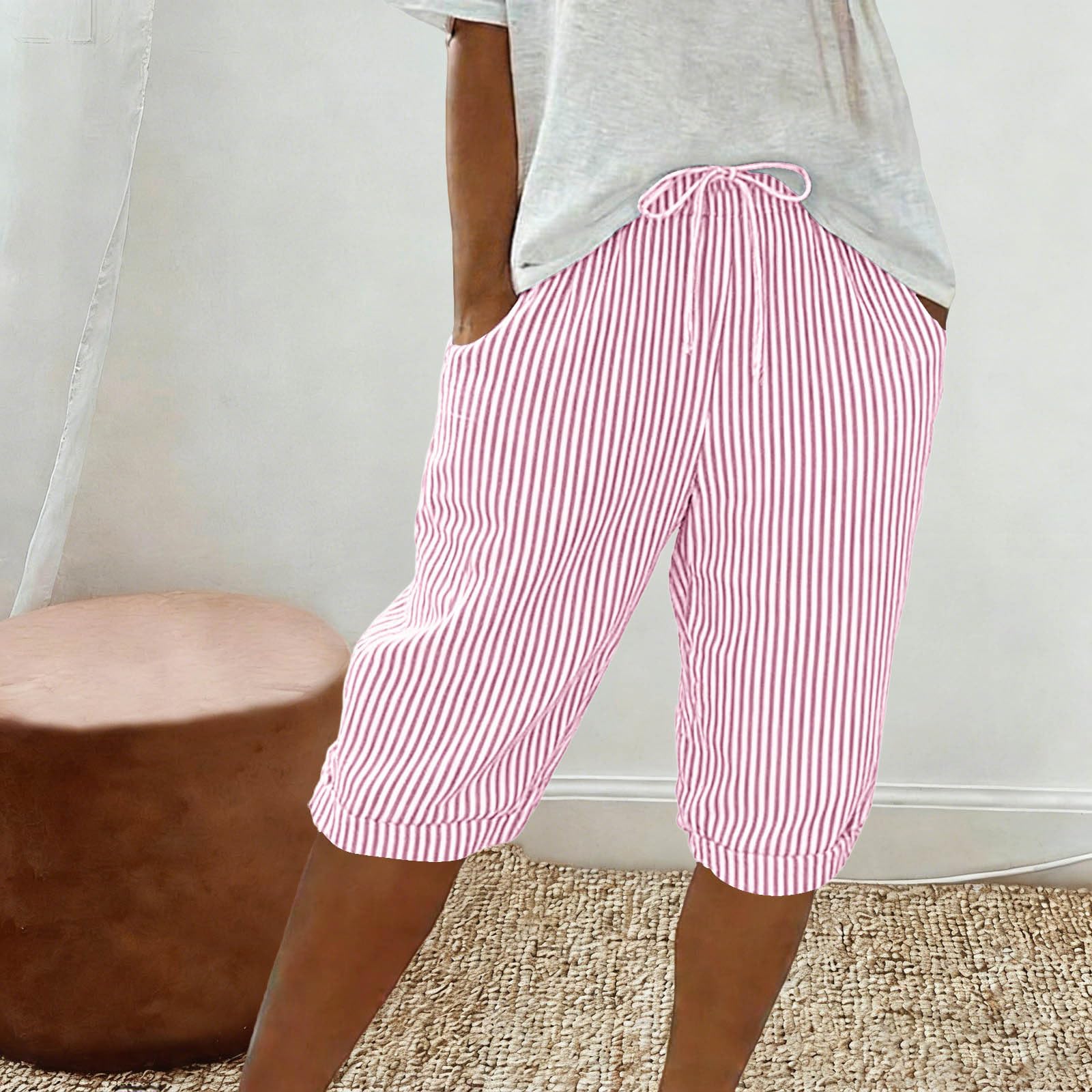 Women s Fashionable Striped Printed Loose Drawstring Cotton Linen Casual Five Quarter Pants S розовый