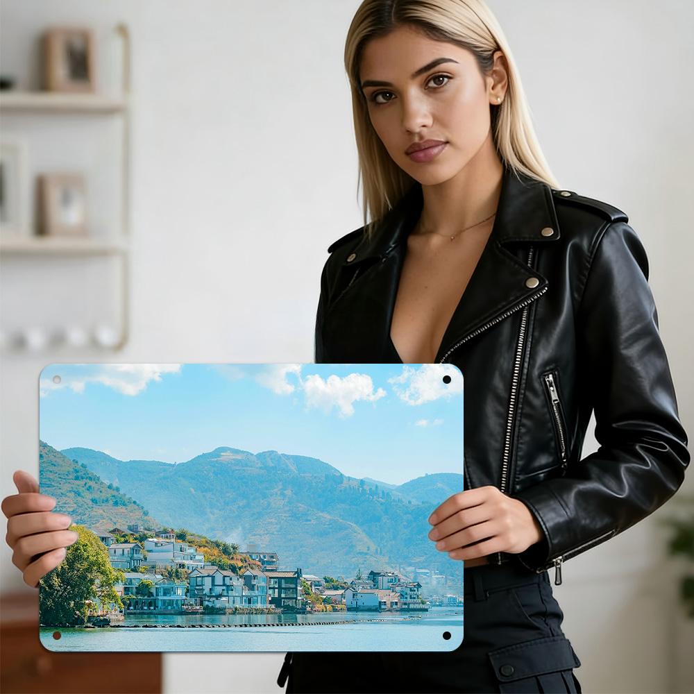 

HD Metal Tin Sign Charming Lakeside Village with White Houses Nestled Among Lush Green Mountains Under Bright Blue Sky Serene Wa 20x30cm（7.8x11.8inch）