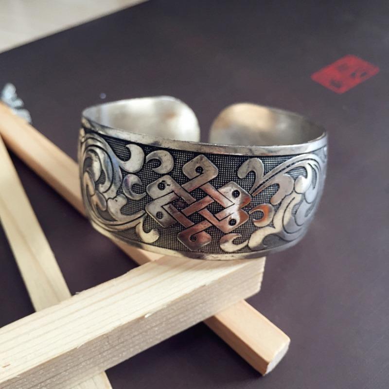 Retro Silver Bracelet Engraved Opening Wide Bracelet Fashionable Personality Miao Silver Old Antique Jewelry