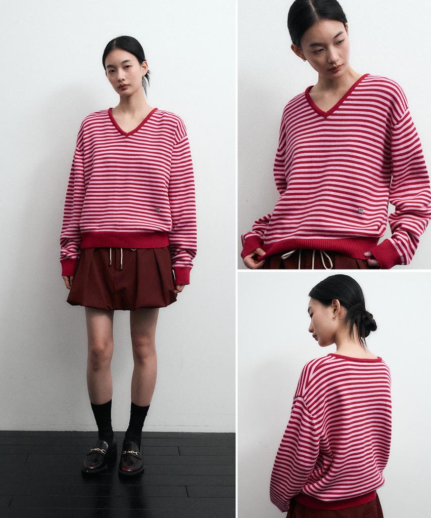 CGP (Women) V-Neck Striped Knit_Pink