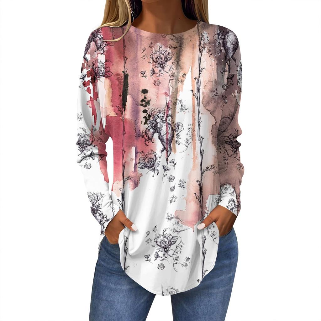 Camiseta de mujer con estampado de hojas en 3D, manga larga, cuello redondo, estilo clásico, ideal para vacaciones, fines de semana, primavera y otoño.