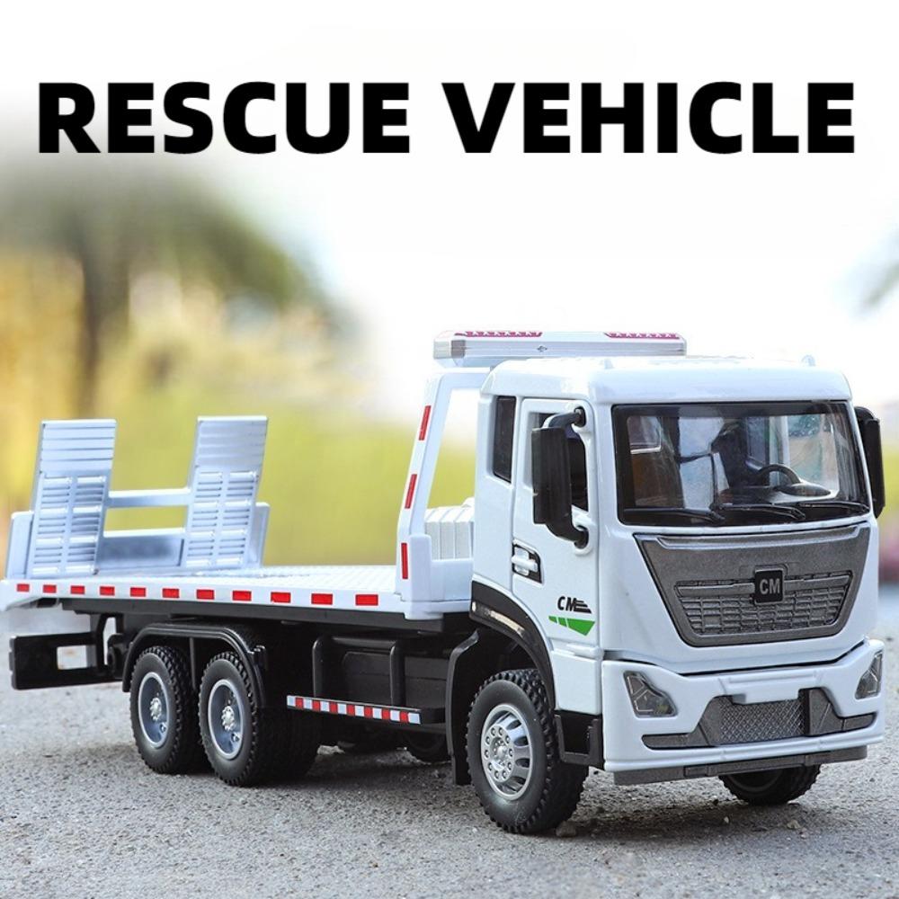 1:32 Rescue Car Flat Trailer Model Toy Alloy Diecast Doors Opened Miniature Engineering Vehicle Models Sound Light Toys for Kids