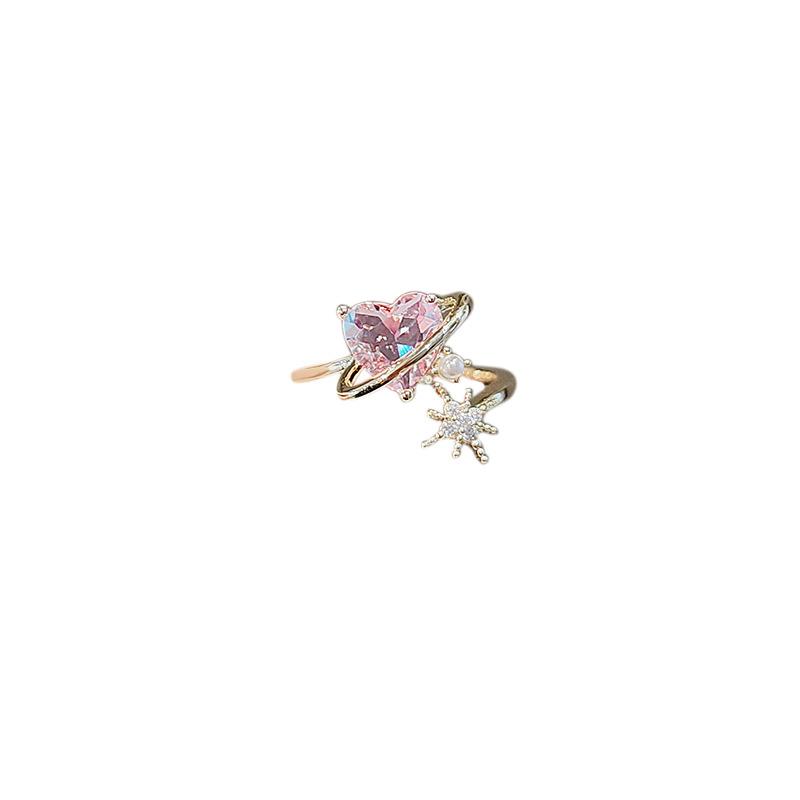 Pink Zircon Love Ring Women's Fashion Personality Ins Cold Wind Hexagram Heart Ring Opening Adjustable