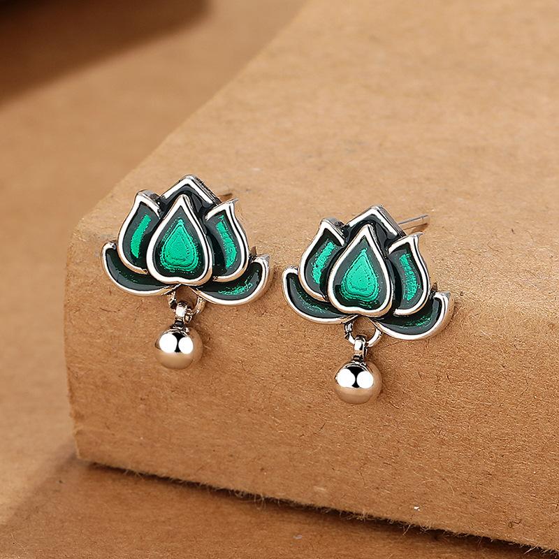

Ретро серьги лотоса женские литературные круглые бусины эмаль цветок серьги