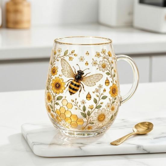 Morning Glass Tea Cup, Hummingbird Flower Pattern Tumbler with Gold Rim, Nature Themed Glassware for Tea Coffee Juice Wine Hot Cold Drinks Gift