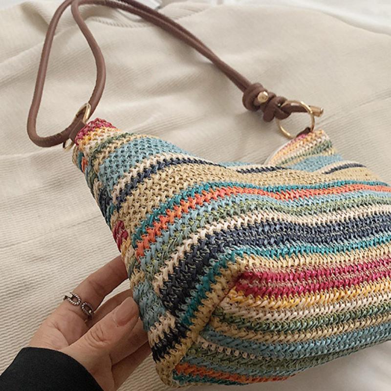 Women's Striped Woven Straw Tote Bag - Lightweight Large Capacity with Detachable Coin Purse & Zip Closure for Beach Vacation