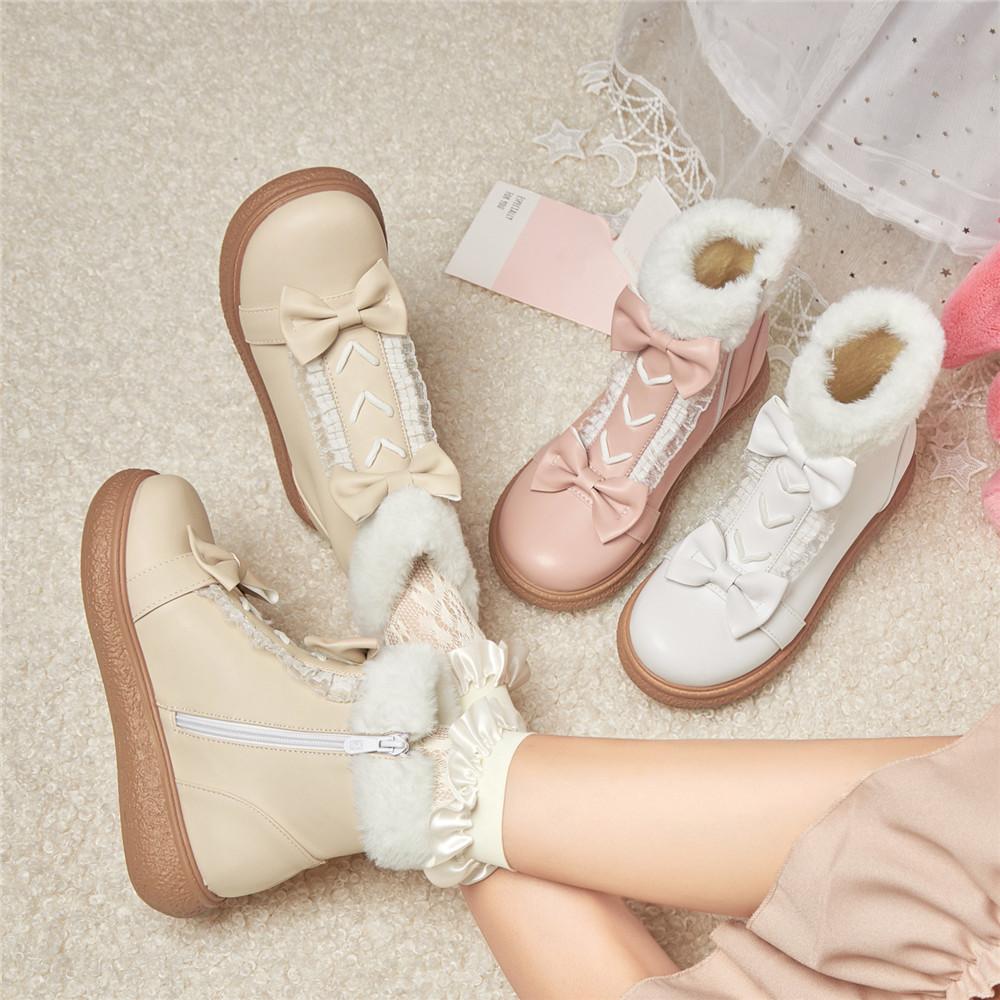 Fashion Faux Fur Winter Lolita Girl's Boots PU Leather Warm Plush Boots Anti-slippery Vintage Fashion Plush Boots For Big Girls 31-43