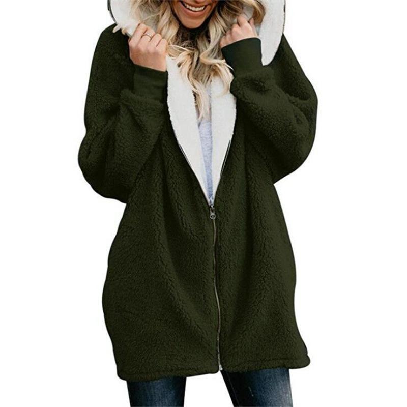 Winter Verdicktes Felliges Kapuzen-Sweatshirt Damen Locker Bequem Lässig Oberbekleidung Weiblich Einfarbig Warm Reißverschluss Strickjacke Kapuzenpullover
