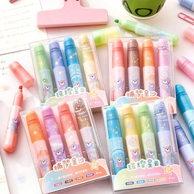 Set di 4 Evidenziatori Glitterati Orsetto Carini Grande Capacità Pennarelli Pastello per Diario Appunti Asciugatura Rapida Fluida Divertenti Materiali Scolastici per Bambini Studenti