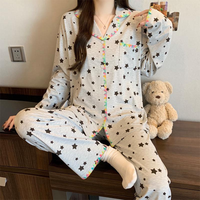 Halbmond-Stickrand Langarm-Pyjama Damen Frühling Neu Imitation Baumwolle Dopamin Polka Dot Loungewear Set