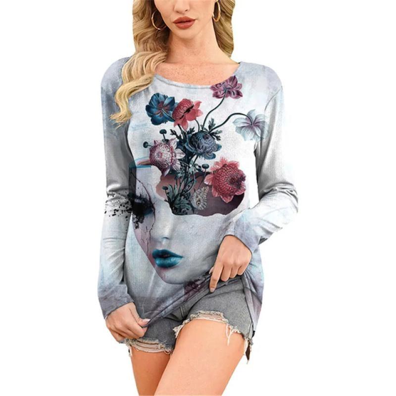 European and American Fashion Oil Painting Style Printed Casual Long Sleeved T-shirt O Neck Oversized Tees Tops Women's Clothing