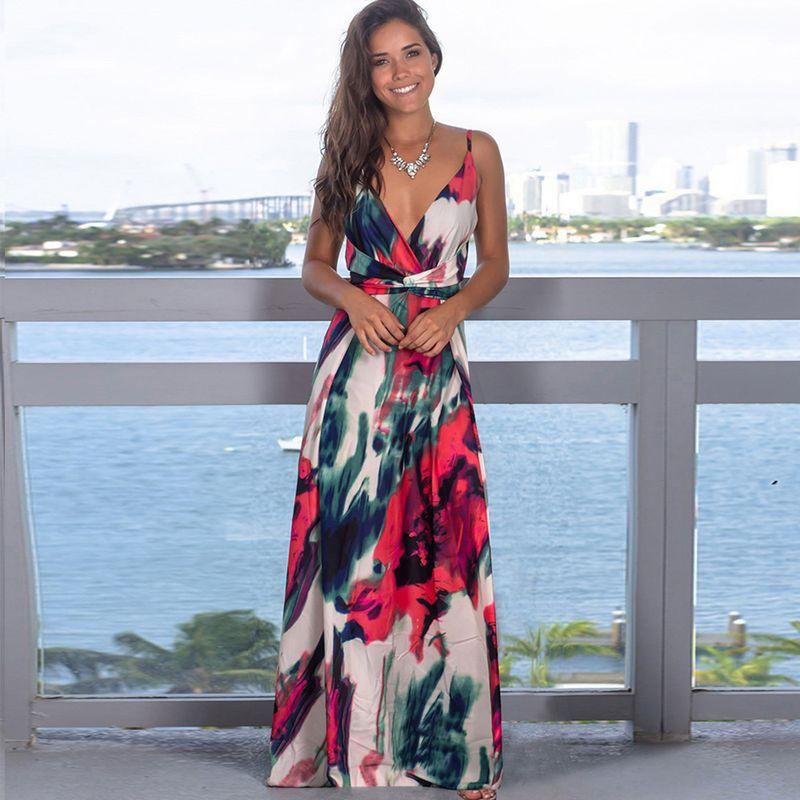 Strap Printed Beach Long Dress for Women Sling Print Beach Dress Women