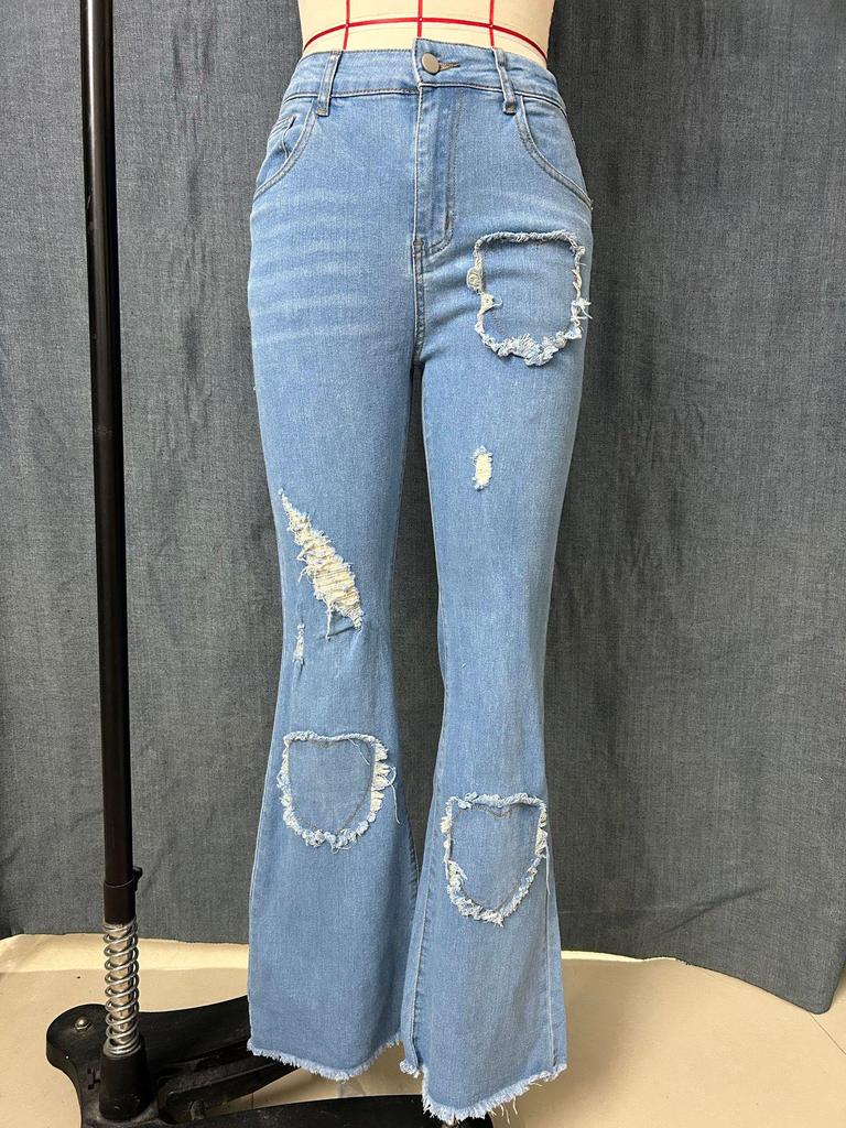 Damen Vielseitige Hell-/Dunkelblaue Schlagjeans mit Modischer Herz-Verzierung und Ripped-Design - Kollektion 2025