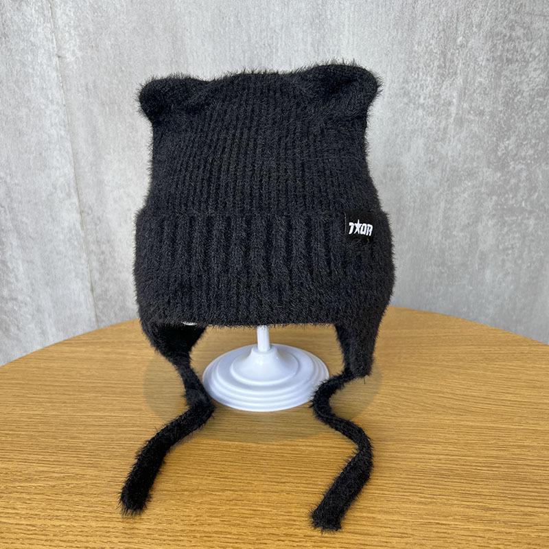 New Women Cute Cat Ear Earflap Winter Hat Fashion Windproof Knitted Hat Kpop Style Soft Beanie Hats Candy Colors Streetwear Cap