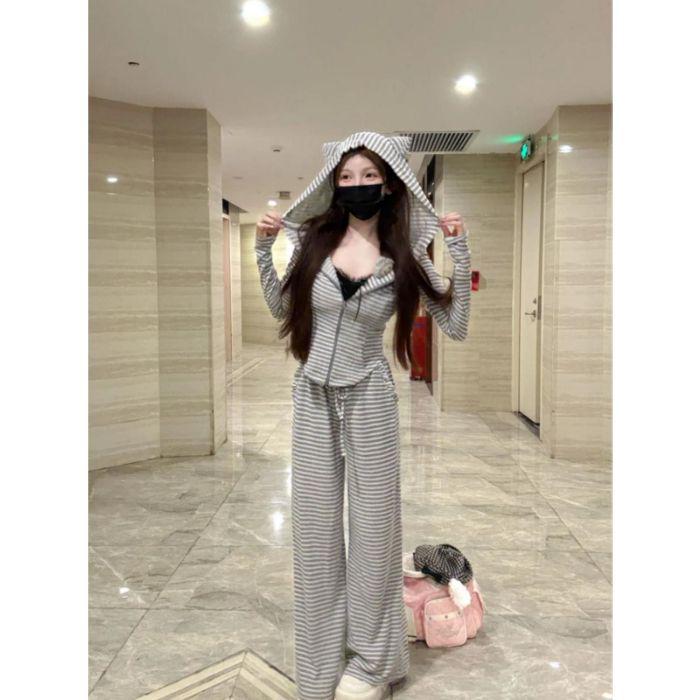 Silk Ribbed Pink Bunny Ear Hooded Cardigan: Casual Two-Piece Set