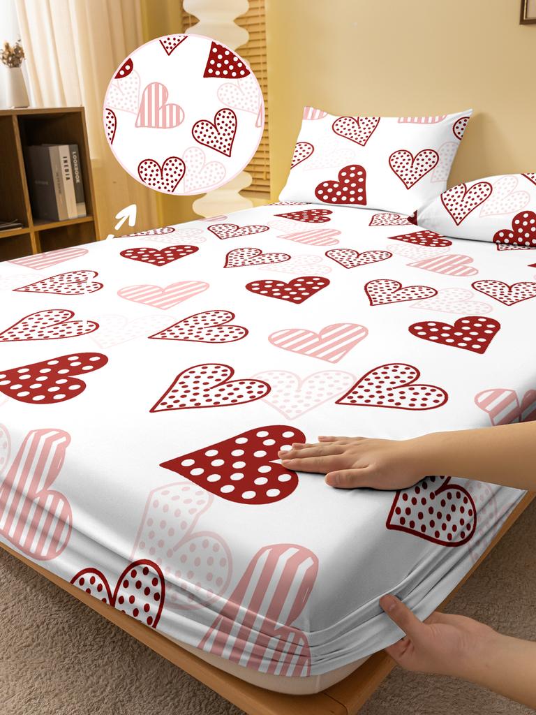 Simple 1 Modern Heart-Shaped Geometry Printed Matte Fitted Sheet, Bedroom Printed Bed Cover, Bedding Excluding Pillowcases