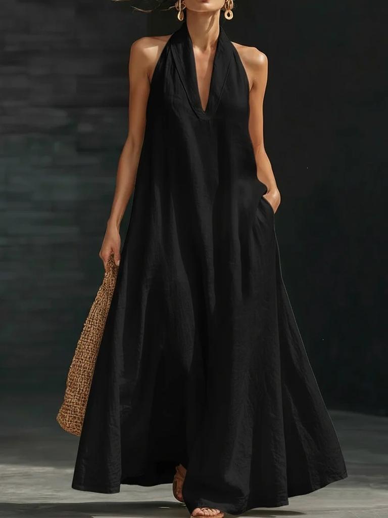 European and American new summer women's casual solid color V-neck dress skirt